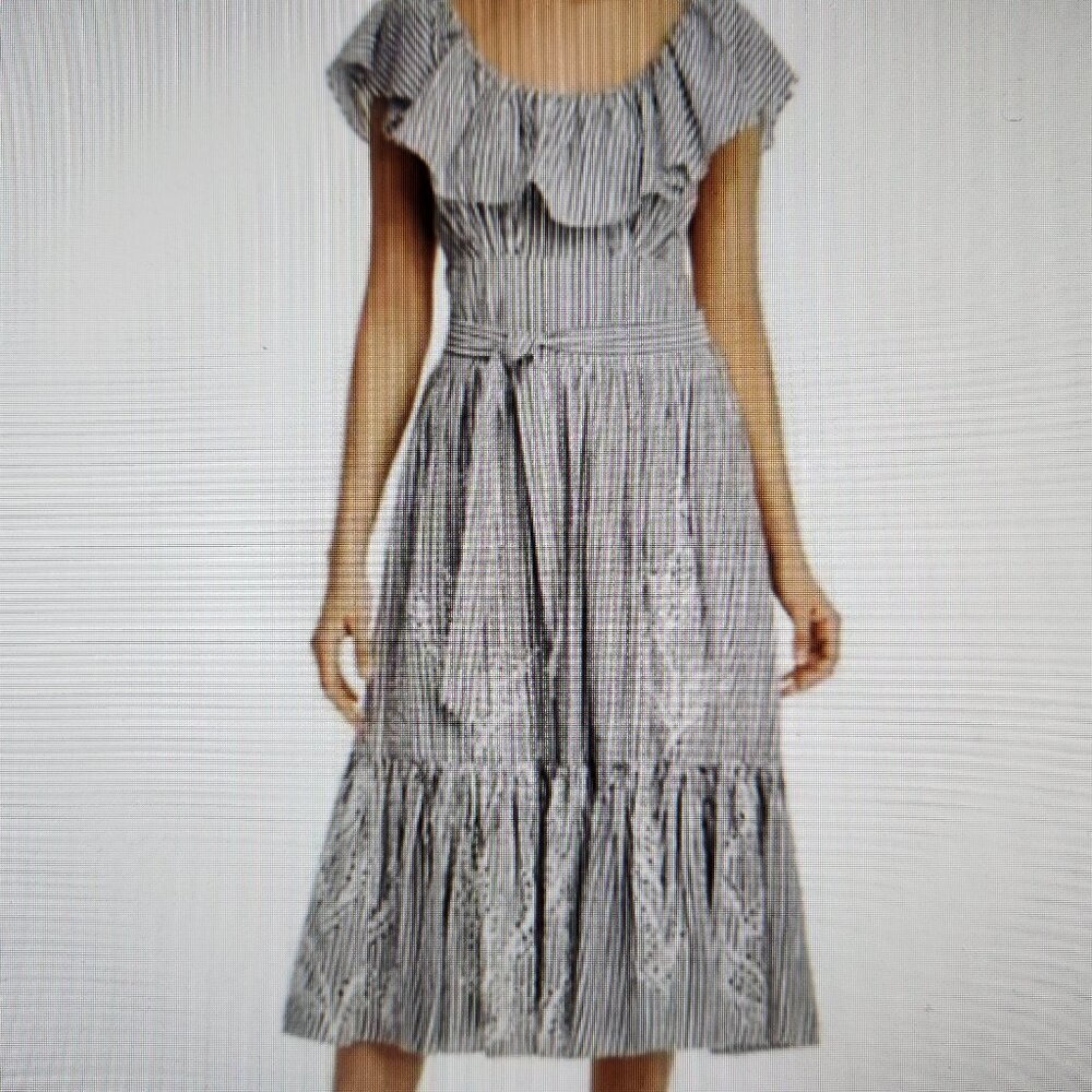 Tory Burch Eyelet Embroidered Seersucker Midi Shoulder Ruffle Dress 10 NWT